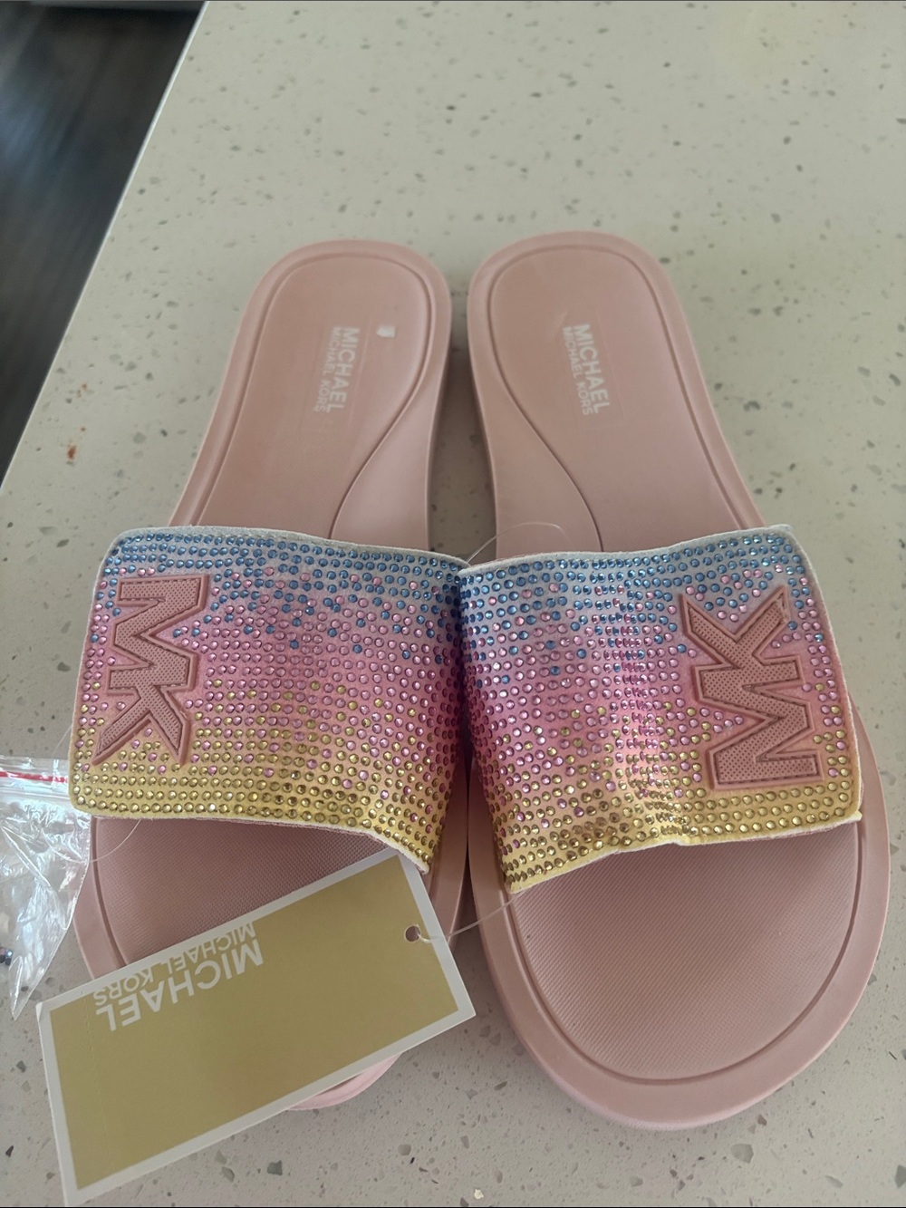 Michael Kors Pink Slide Sandals with Multicolor Crystal Gradient Strap